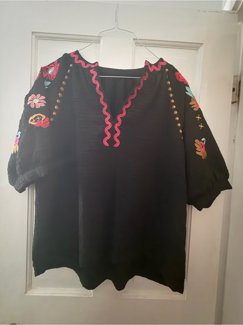 Embroidered Black V-Neck Women's Top with Pink Trim